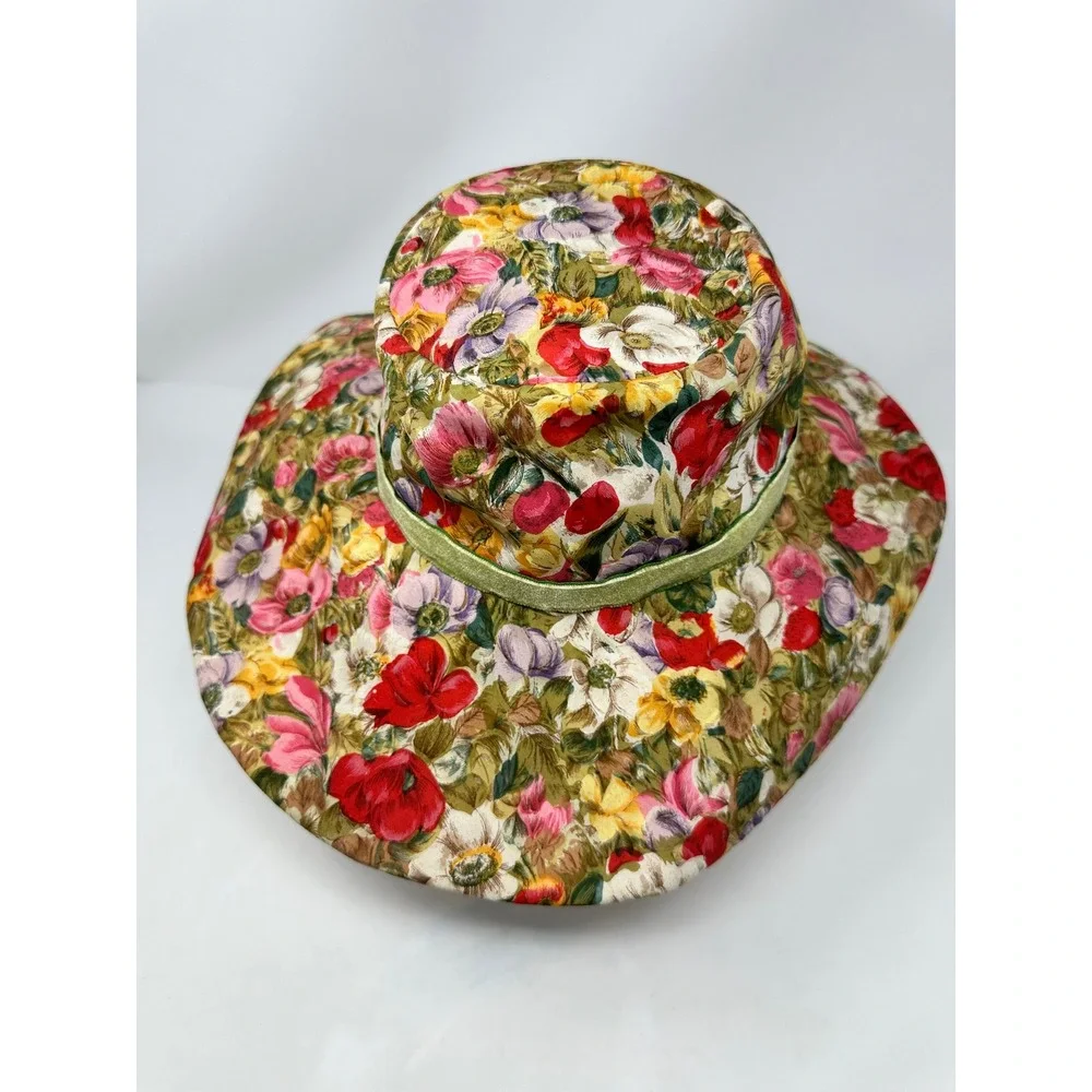 Vintage Luci Puci Floral Sun Hat Green Velvet Ribbon 3D Flowers Made in USA